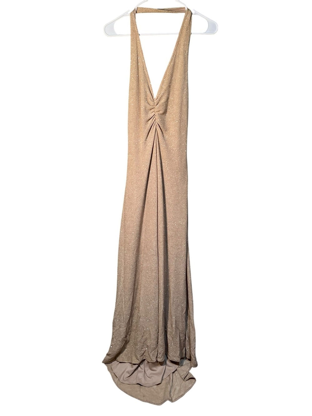 Vintage Bari Jay Women's Maxi Dress Halter V-Neck Cinched Beige‎ Gold Glitter